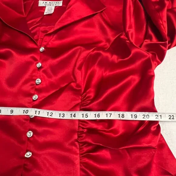 Vintage J.R.NITES Red Satin Blouse 14W Plus Size Evening Top Crystal Button - Picture 8 of 11